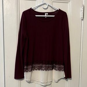 Elle Burgundy and Cream Lace Trim Long Sleeve Top